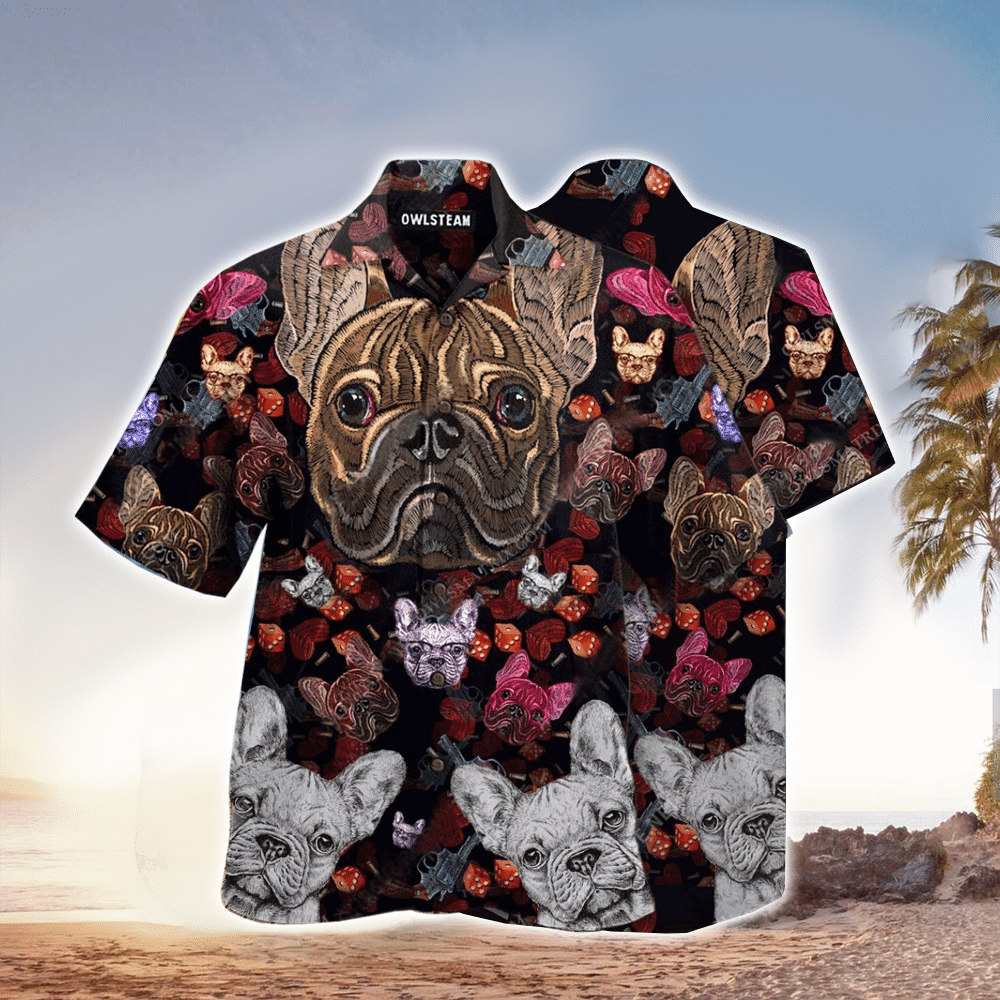 Dog Bulldog Embroidery Edition Hawaiian Shirt for Men and Women