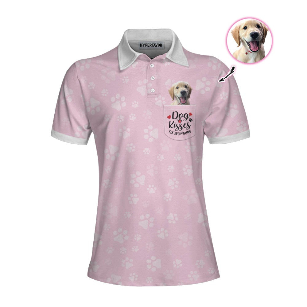 Dog Kisses Fix Everything Custom Short Sleeve Women Polo Shirt Personalized Pink Polo Shirt For Dog Lovers