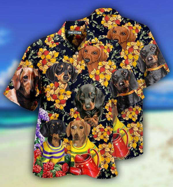Dogs Dachshund And Flowers Limited - Hawaiian Shirt - Hawaiian Shirt For Men