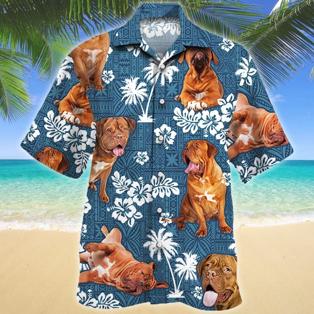 Dogue De Bordeaux Dog Blue Tribal Aloha Hawaiian Shirt Colorful Short Sleeve Summer Beach Casual Shirt For Men And Women