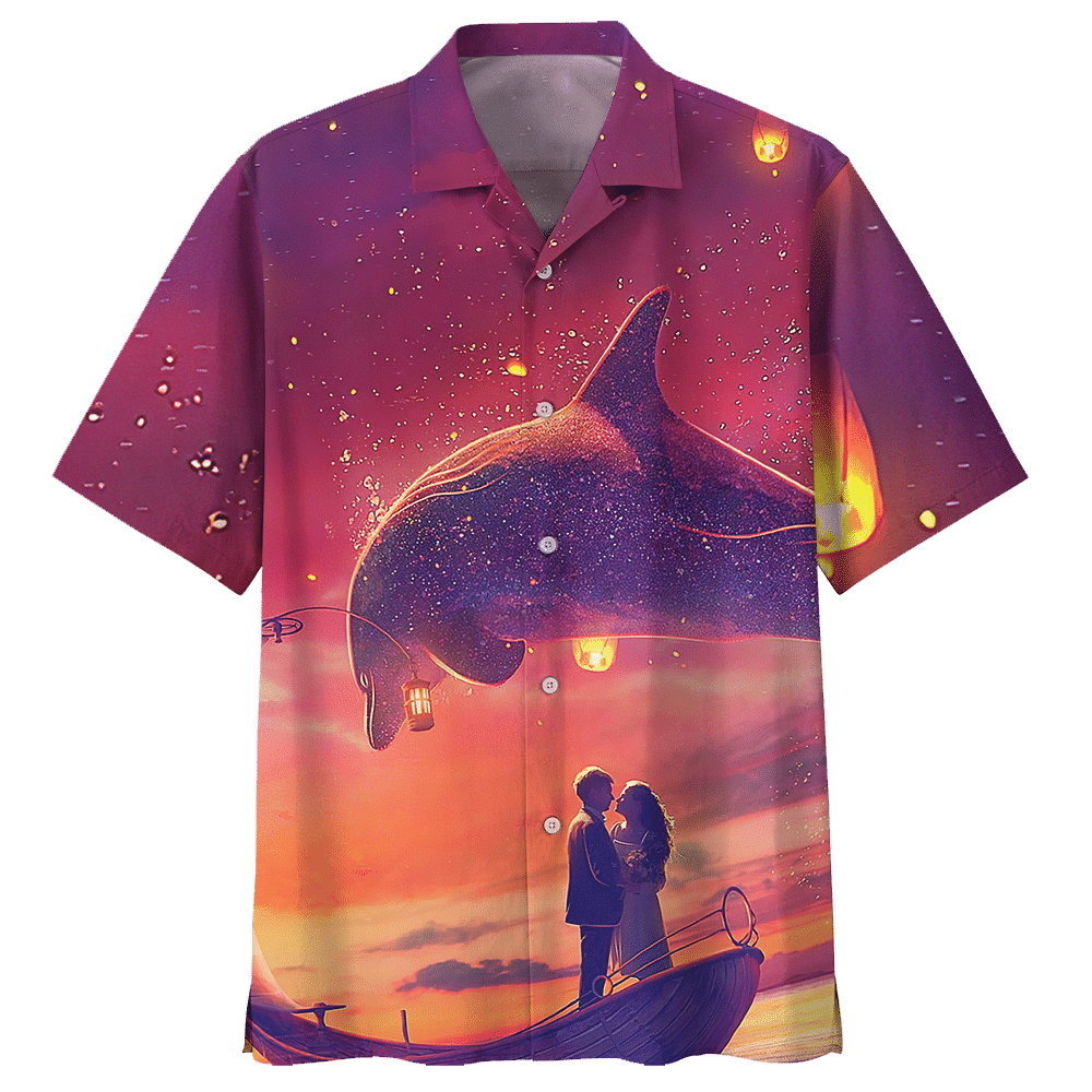 Dolphin And Couple Aloha Hawaiian Shirt Colorful Short Sleeve Summer Beach Casual Shirt For Men And Women
