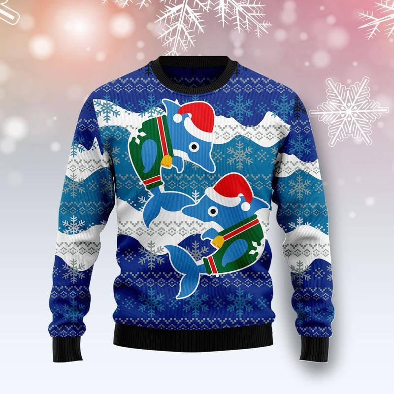 Dolphin Couple Ugly Christmas Sweater Ugly Sweater For Men Women