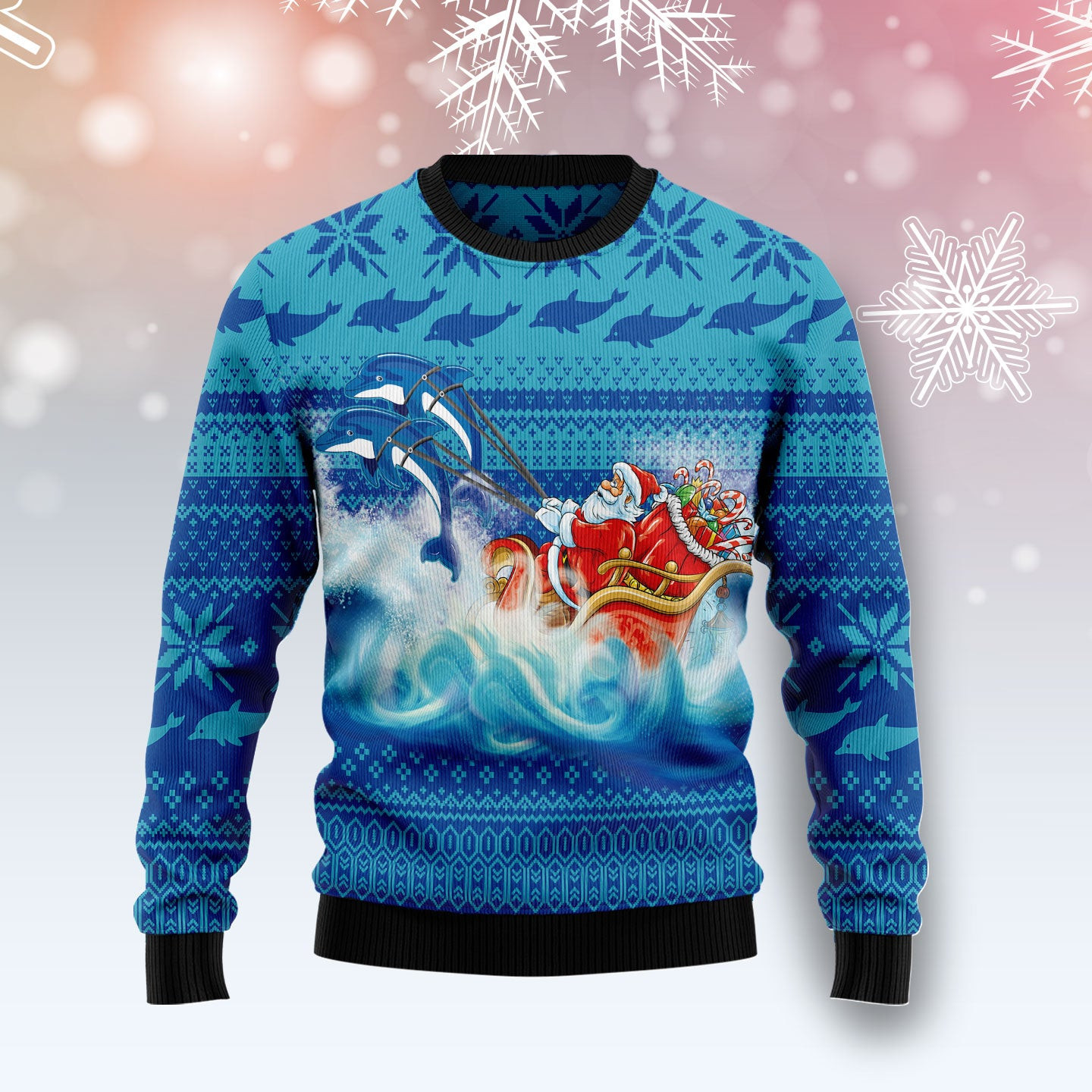 Dolphin Riding The Waves With Santa Ugly Christmas Sweater