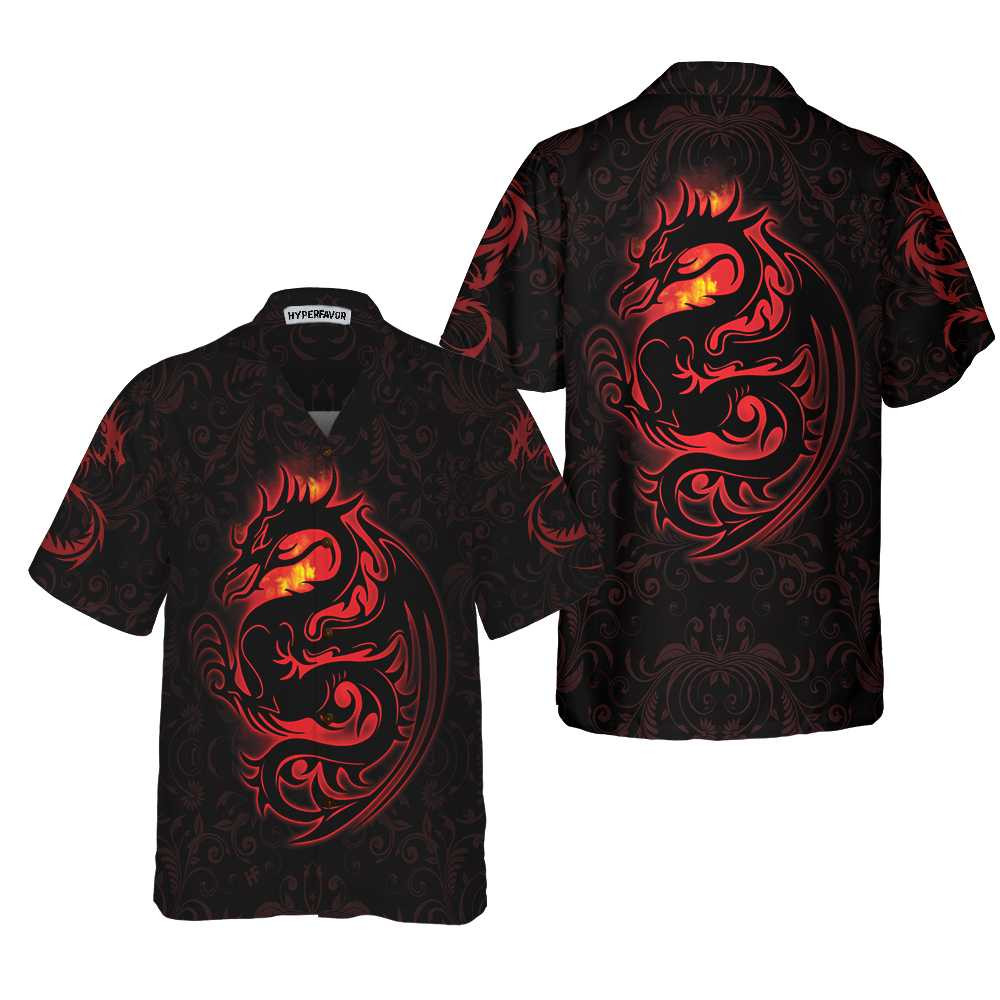 Dragon Tribal Tattoo Art Hawaiian Shirt Cool Red Dragon Black Shirt