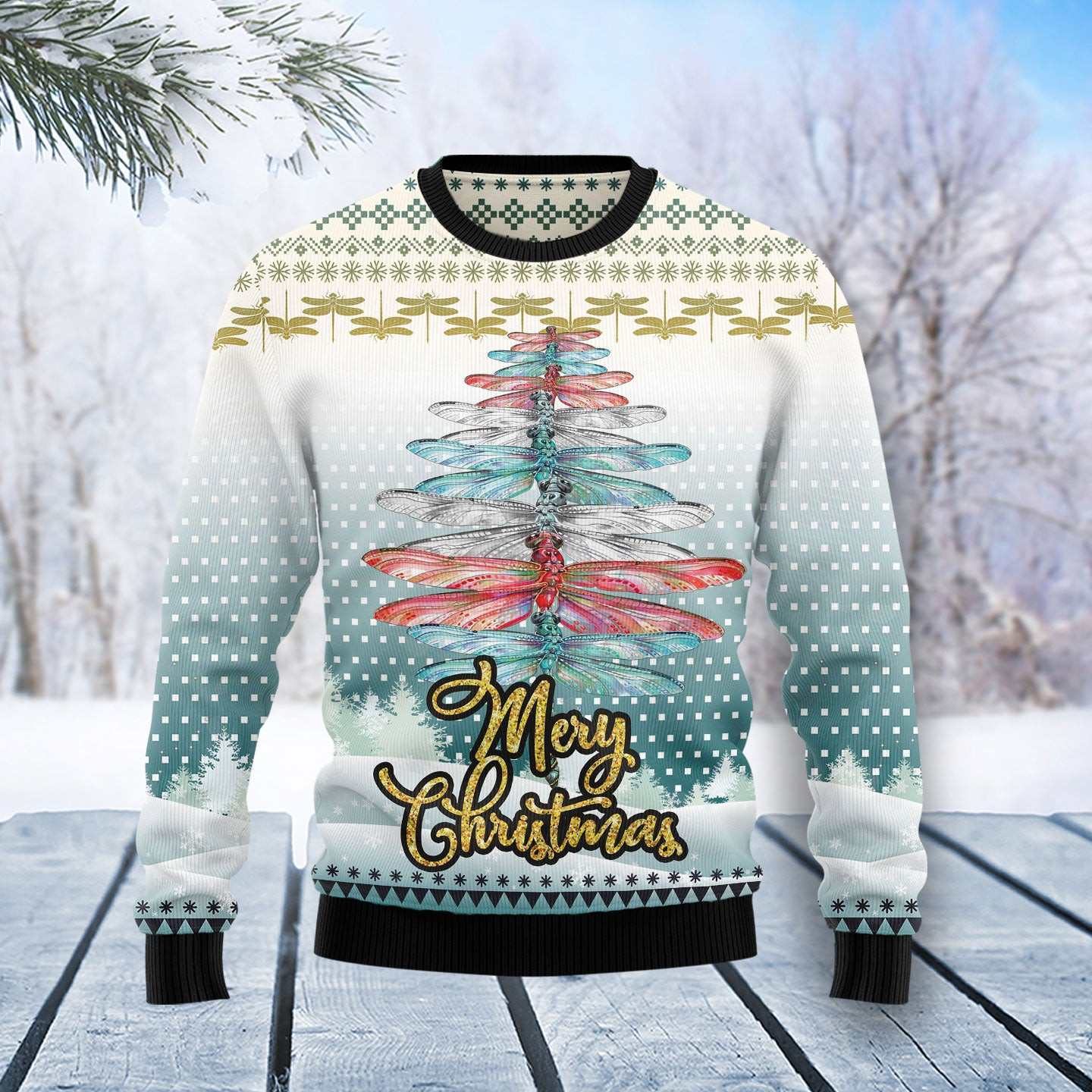 Dragonfly Color Christmas Tree Ugly Christmas Sweater