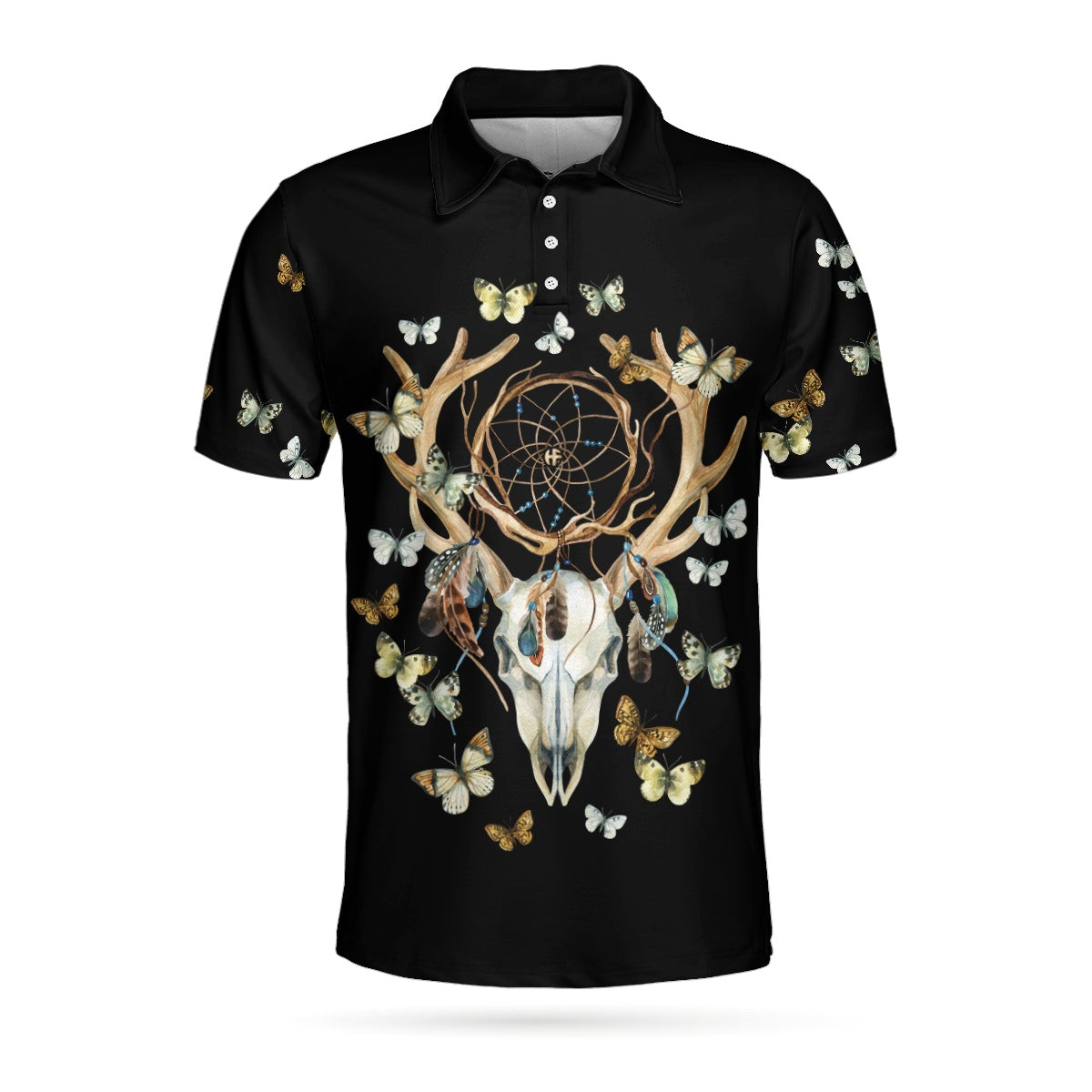 Dream Catcher Skull Deer Butterfly Short Sleeve Polo Shirt Black Dreamcatcher Shirt For Men