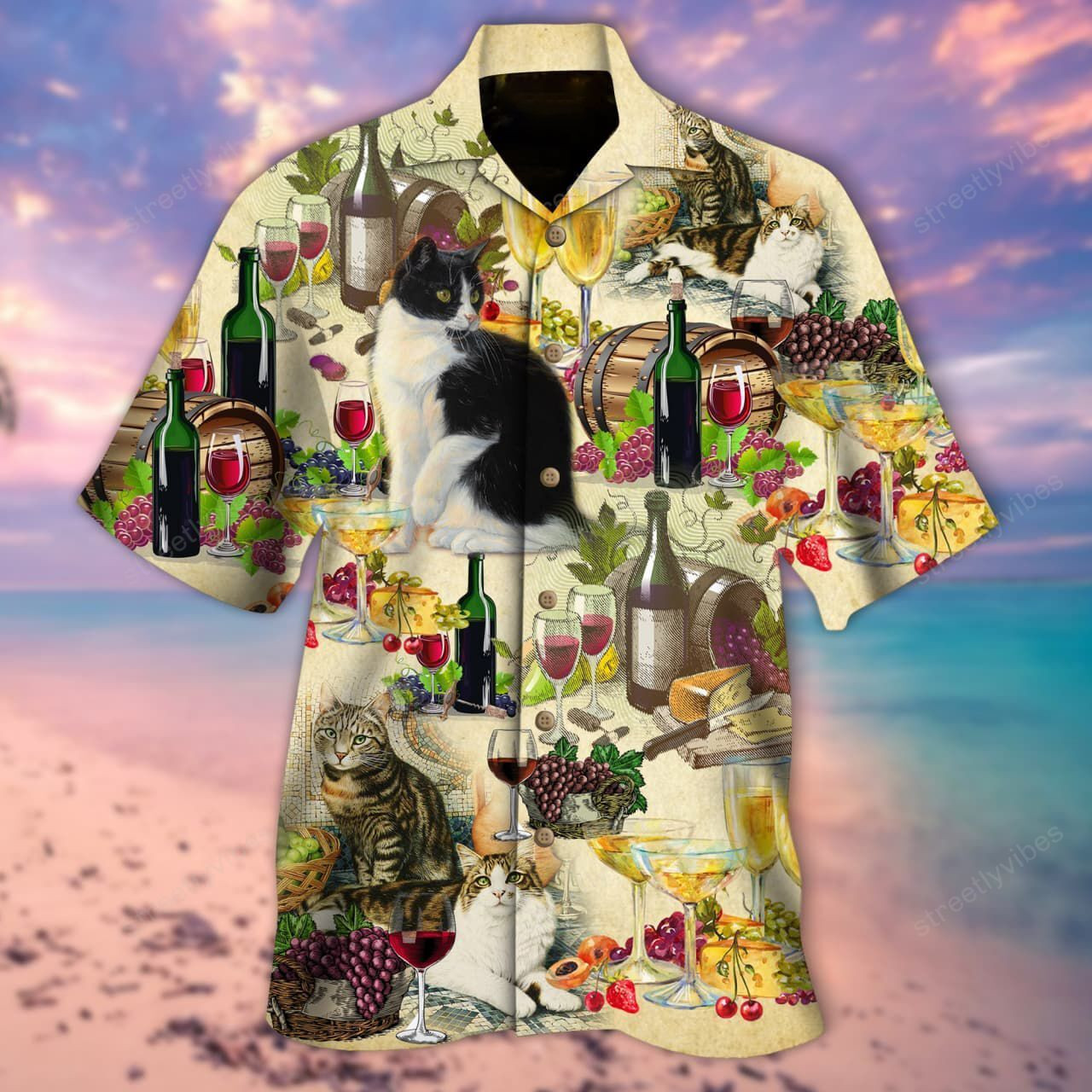 Drinking Wine Feeling Fine Cats Hawaiian Shirt Hawaiian Shirt For Men