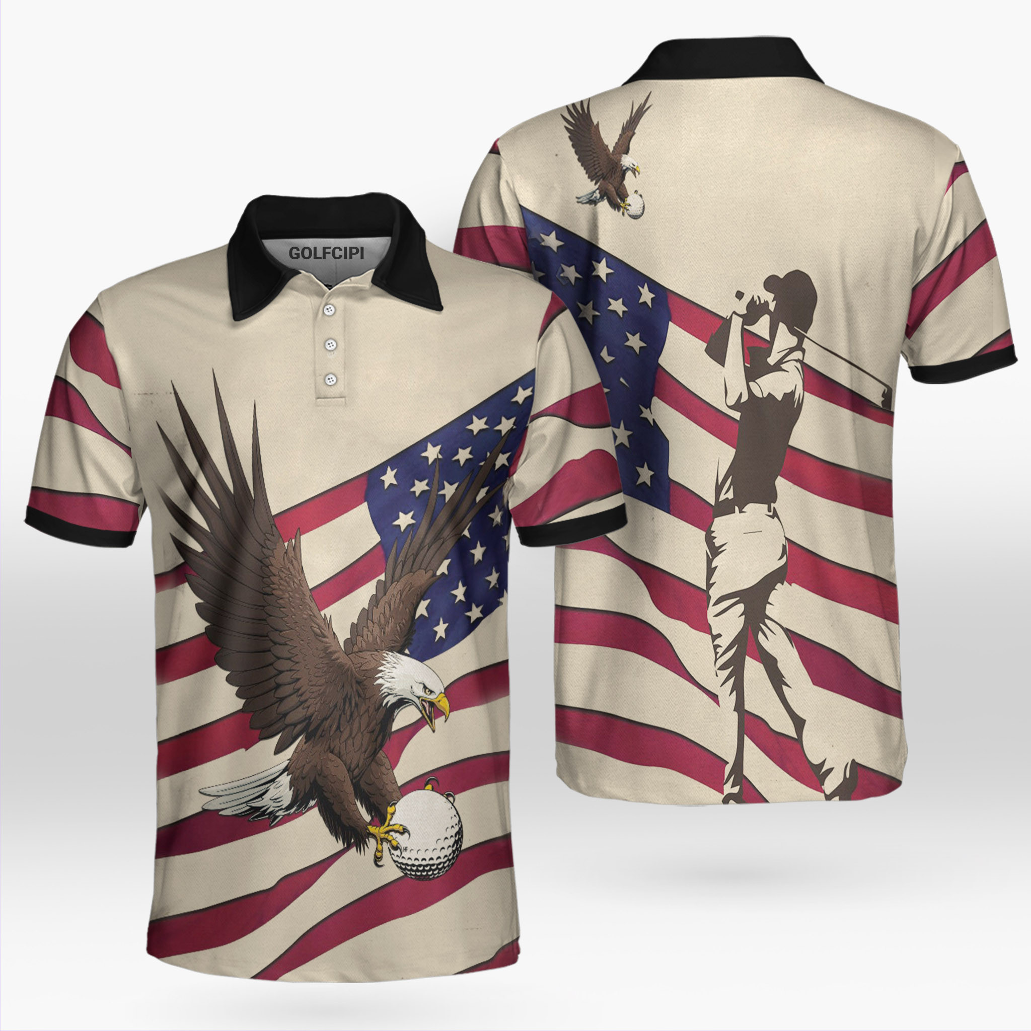 Eagle Vintage American Flag Golf Shirt Golf Shirts Short Sleeve Polo For Men