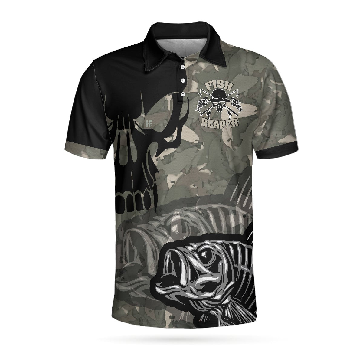 Eat Sleep Fishing Repeat Skull Camouflage Polo Shirt Fish Reaper Polo Shirt Camo Fishing Shirt For Men