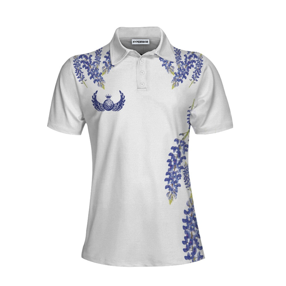 Elegant Bluebonnet Flower For Texas Golfer Short Sleeve Women Polo Shirt White Texas Golf Shirt For Ladies