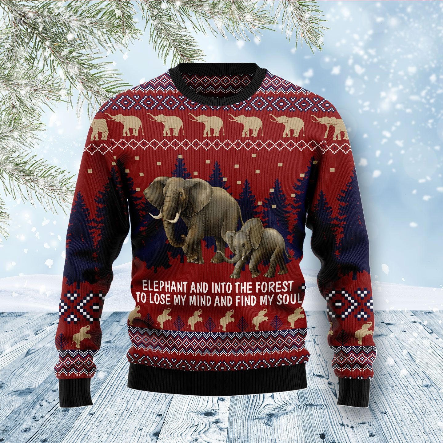 Elephant And Into The Forest Ugly Christmas Sweater