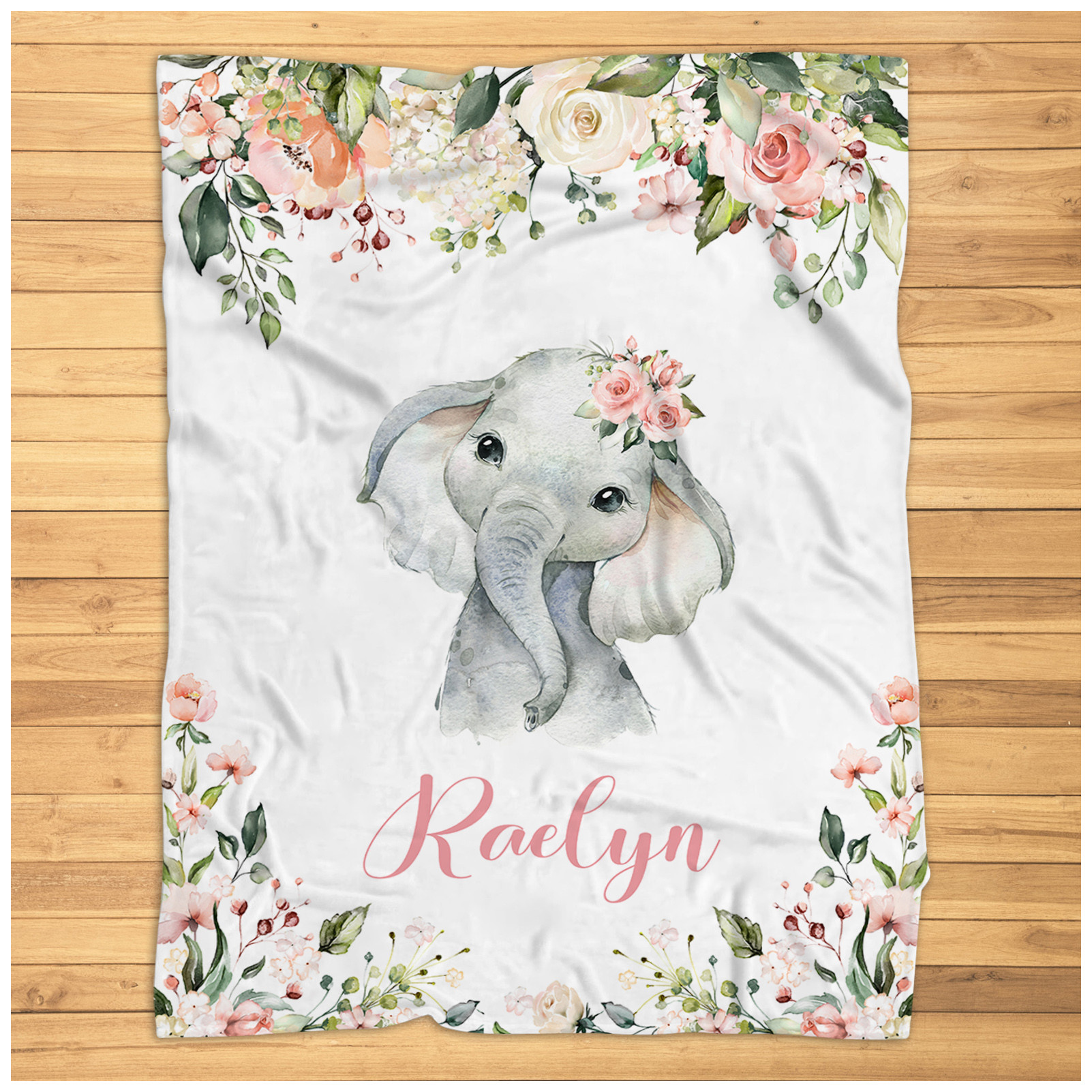 Elephant Baby Blanket Girl - Vintage Floral Blanket Girl - Elephant Baby Blanket - Safari Soft Floral Baby Name Plush Fleece Blanket