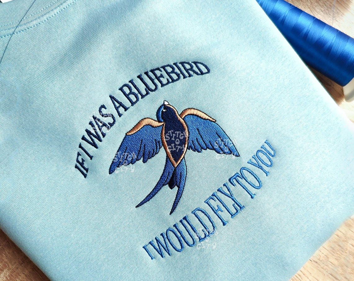 Embroidered Bluebird Inspired Embroidered Crewneck Sweatshirt Embroidered Hoodie