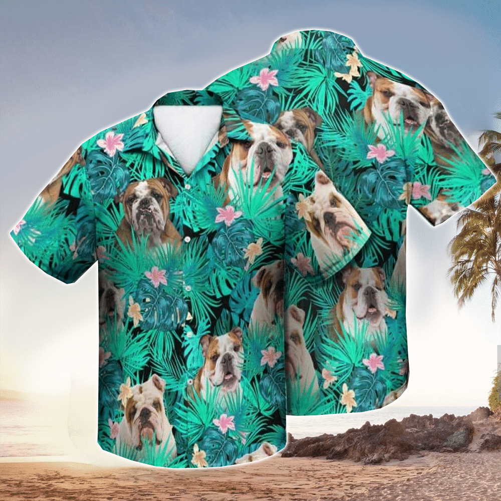 English Bulldog Summer Leaves Hawaiian Shirt for Men and Women