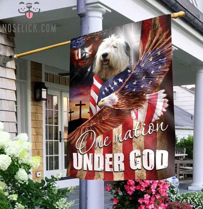 English Sheepdog One Nation Under God Christian Cross Dog Lover Eagle American Flag Garden Flag House Flag