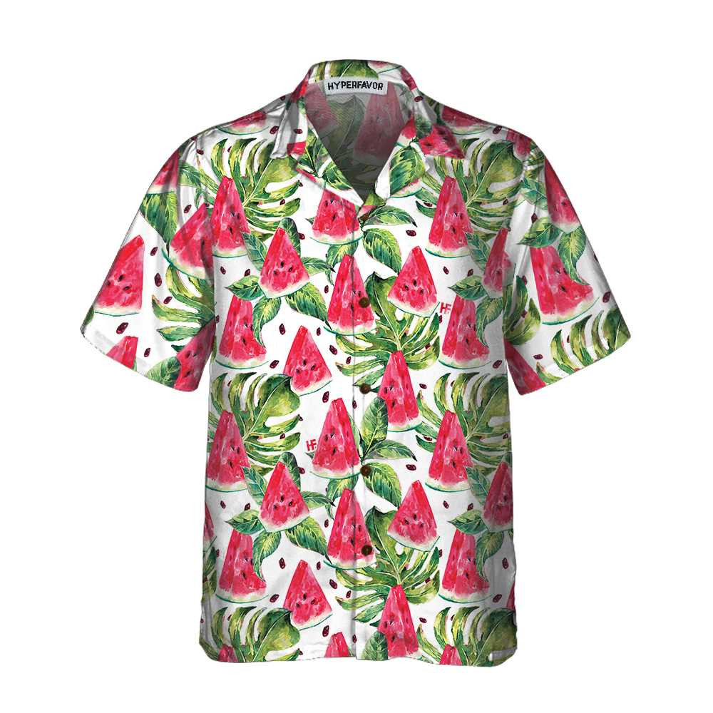 Exotic Summer Watermelon Hawaiian Shirt Tropical Leaves And Watermelon Print Shirt