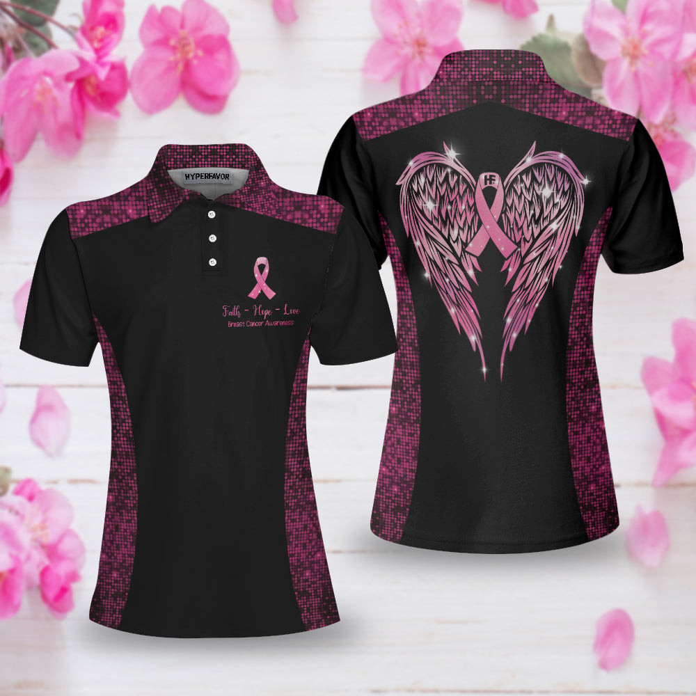 Faith Hope Love Angel Wings Breast Cancer Awareness Short Sleeve Women Polo Shirt Pink Awareness Ribbon Polo Shirt For Ladies