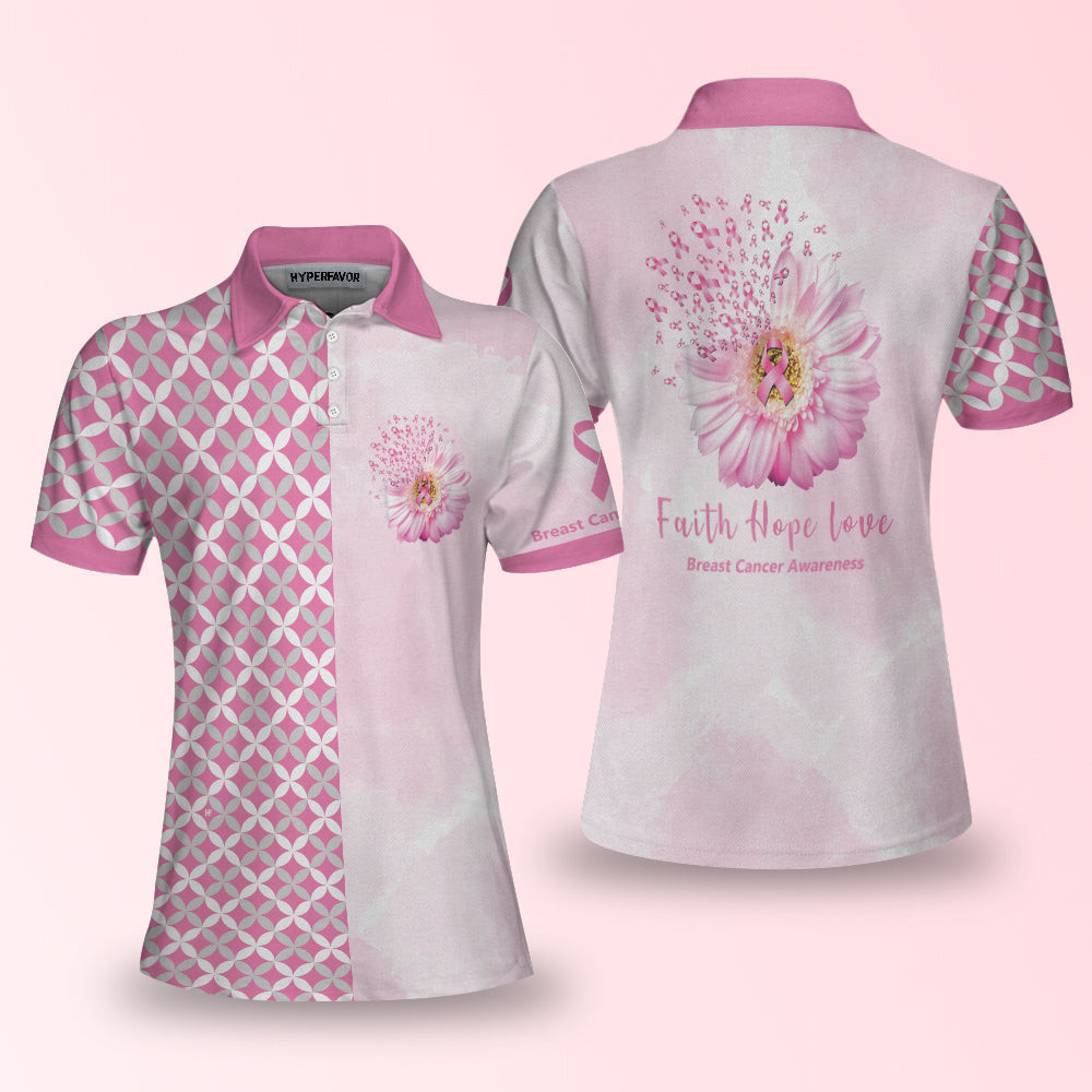 Faith Hope Love Breast Cancer Awareness Short Sleeve Women Polo Shirt Pink Breast Cancer Awareness Shirt