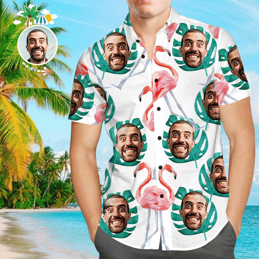 Fathers Day Gifts Custom Face Shirt Mens Hawaiian Shirt Flamingo And Palm Colorful Short Sleeve Summer Beach Casual Shirt For Men And Women
