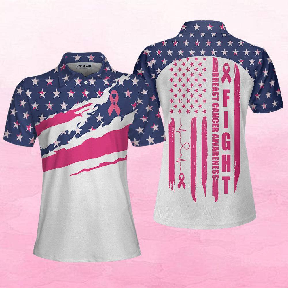 Fight American Breast Cancer Flag Short Sleeve Women Polo Shirt Colorful Breast Cancer Awareness Month Shirt