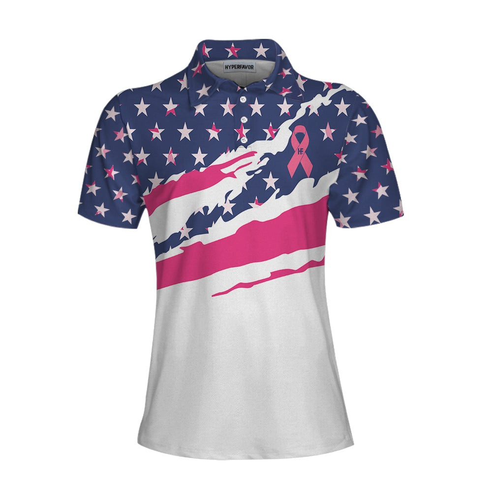 Fight American Breast Cancer Flag Short Sleeve Women Polo Shirt Colorful Breast Cancer Awareness Month Shirt