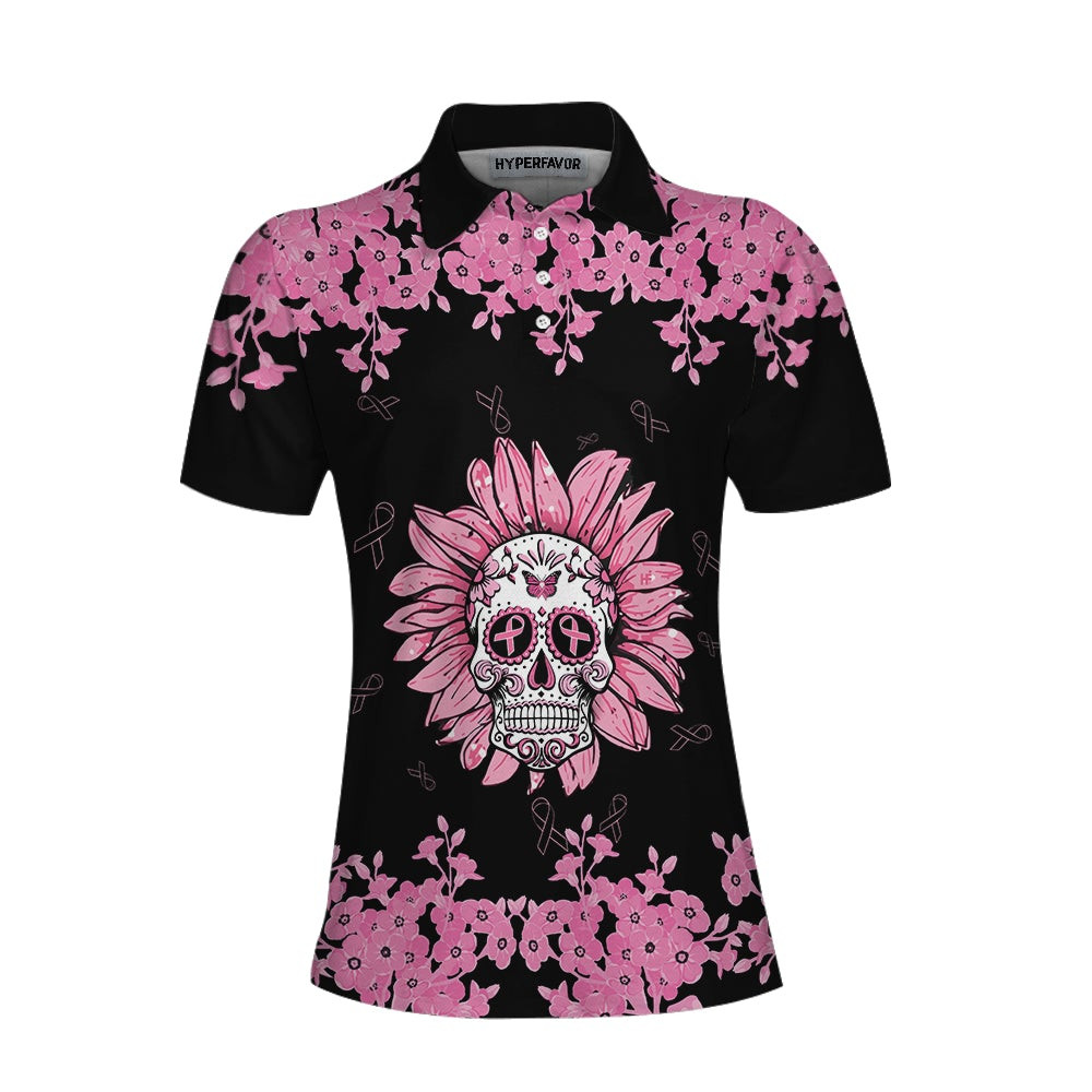 Fight Like A Girl Skull Sunflower Breast Cancer Awareness Women Polo Shirt Pink Floral Calavera Skull Polo Shirt For Ladies