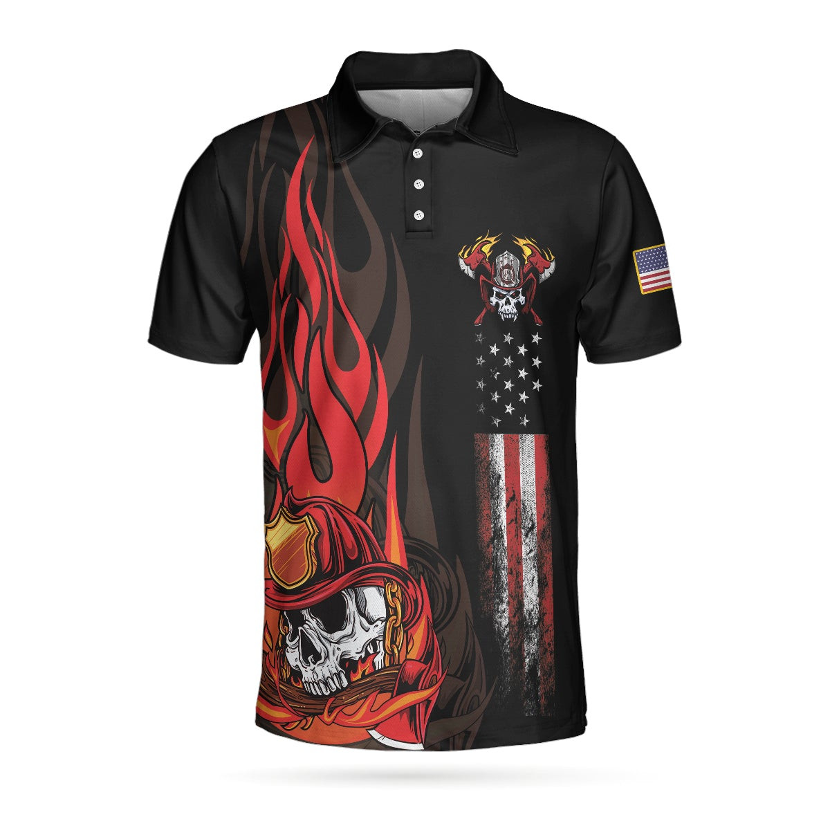 Firefighter Skull Flame Short Sleeve Polo Shirt Black American Flag Firefighter Shirt For Men