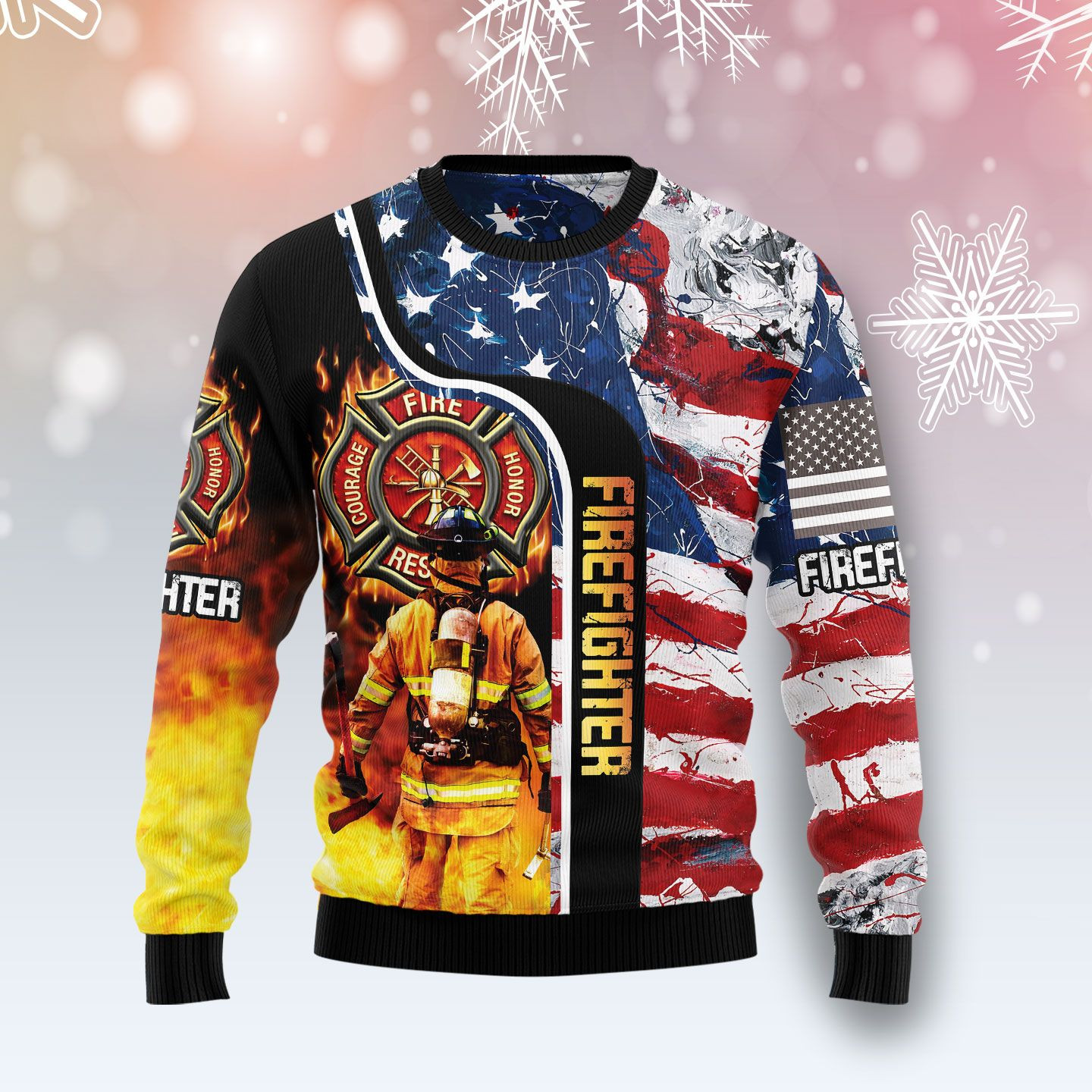 Firefighter USA Flag Ugly Christmas Sweater Ugly Sweater For Men Women