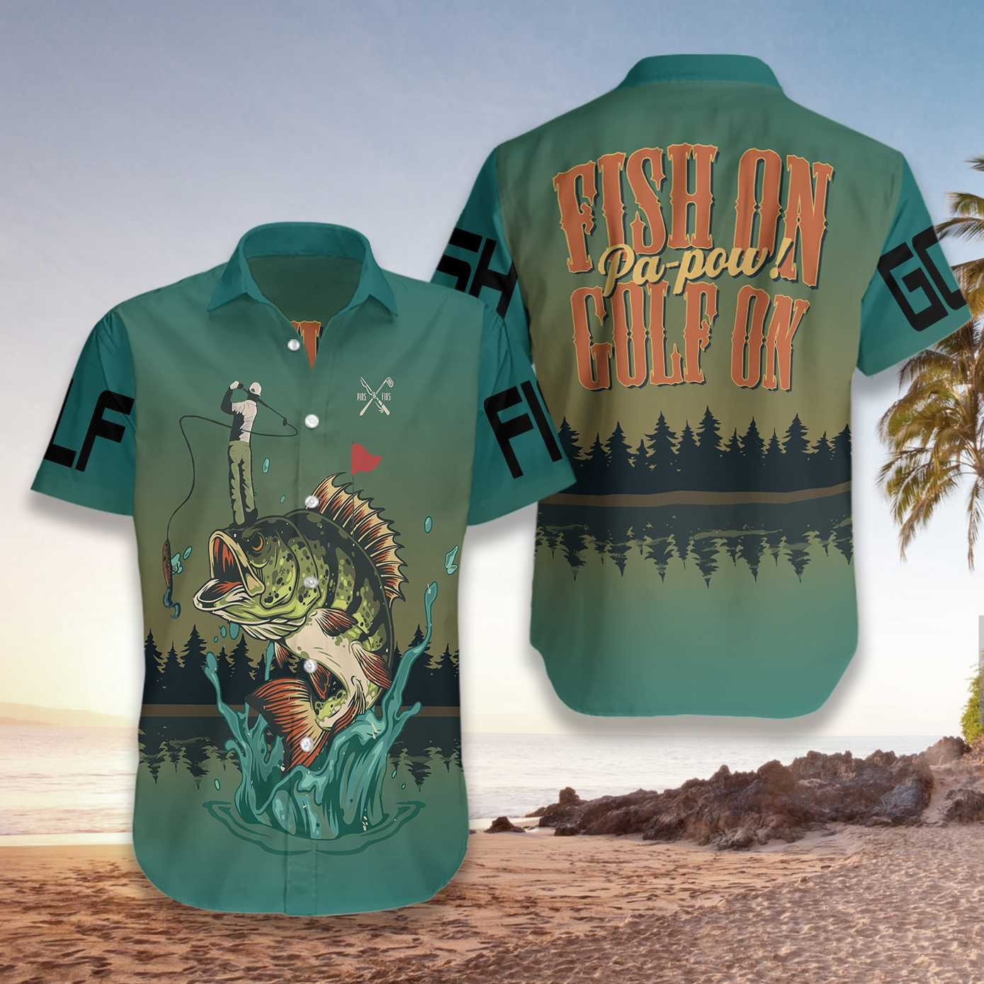 Fish On Golf On Pa-Pow Fly Fishing And Golf Hawaiian Shirt Summer Aloha Shirt, Short Sleeve Hawaiian Shirt