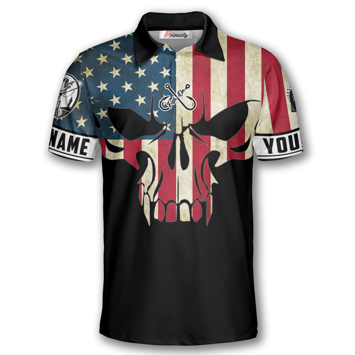 Fish on Skull American Flag Custom Polo Fishing Shirts for Men