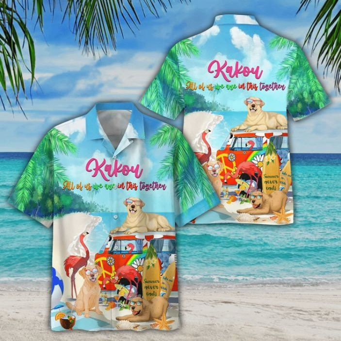 Flamingo And Dogs In The Beach Kakow All Of Us We In This Together Print Hawaiian Shirt Summer Aloha Shirt