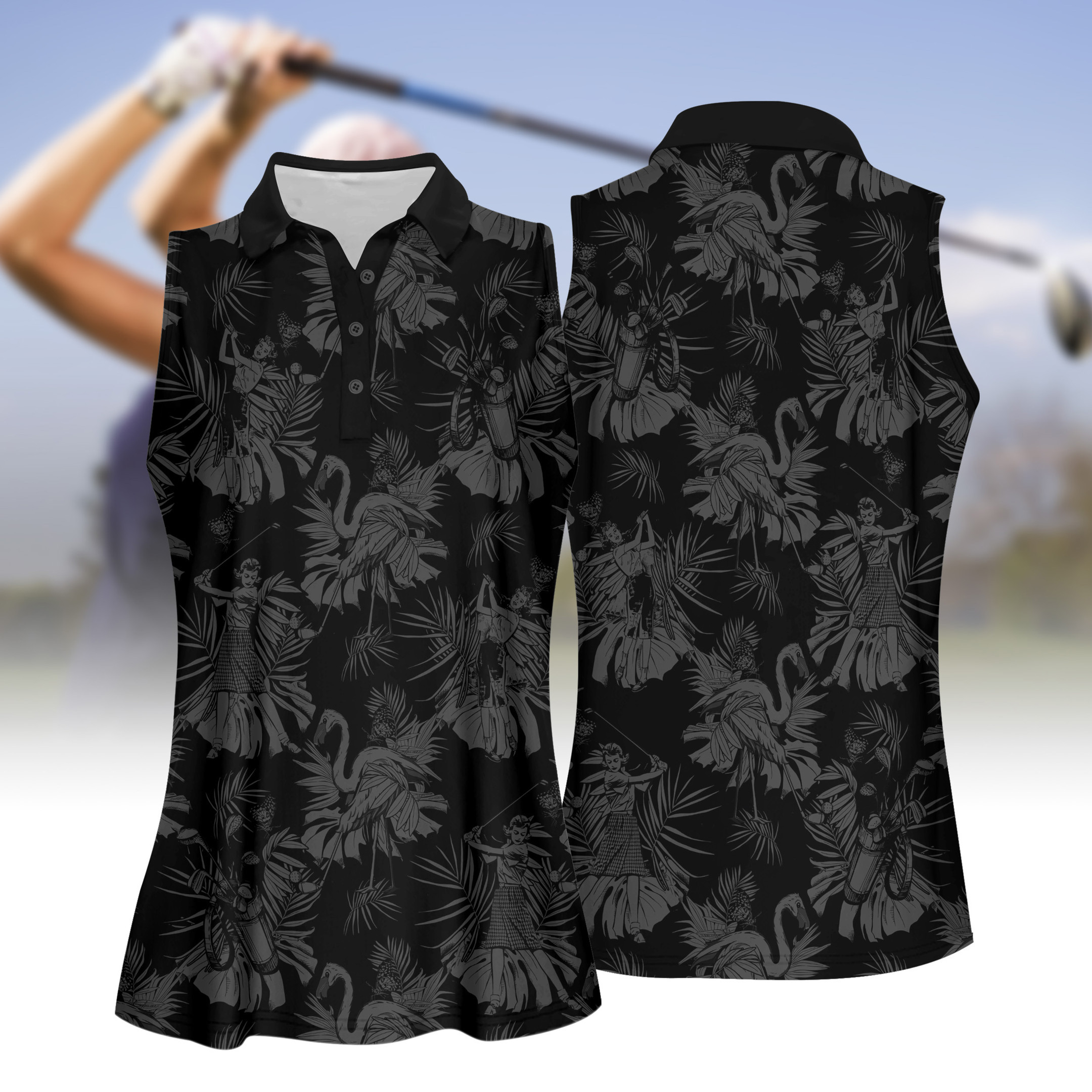 Flamingo And Golfer Pattern WOMEN SHORT SLEEVE POLO SHIRT SLEEVELESS POLO SHIRT