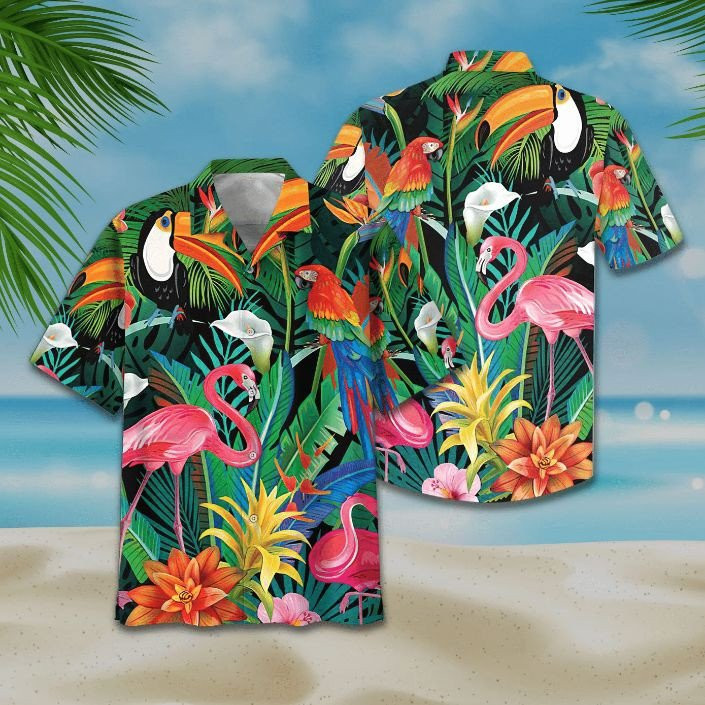 Flamingo And Parrot Tropical Flowers Print Hawaiian Shirt Summer Aloha Shirt