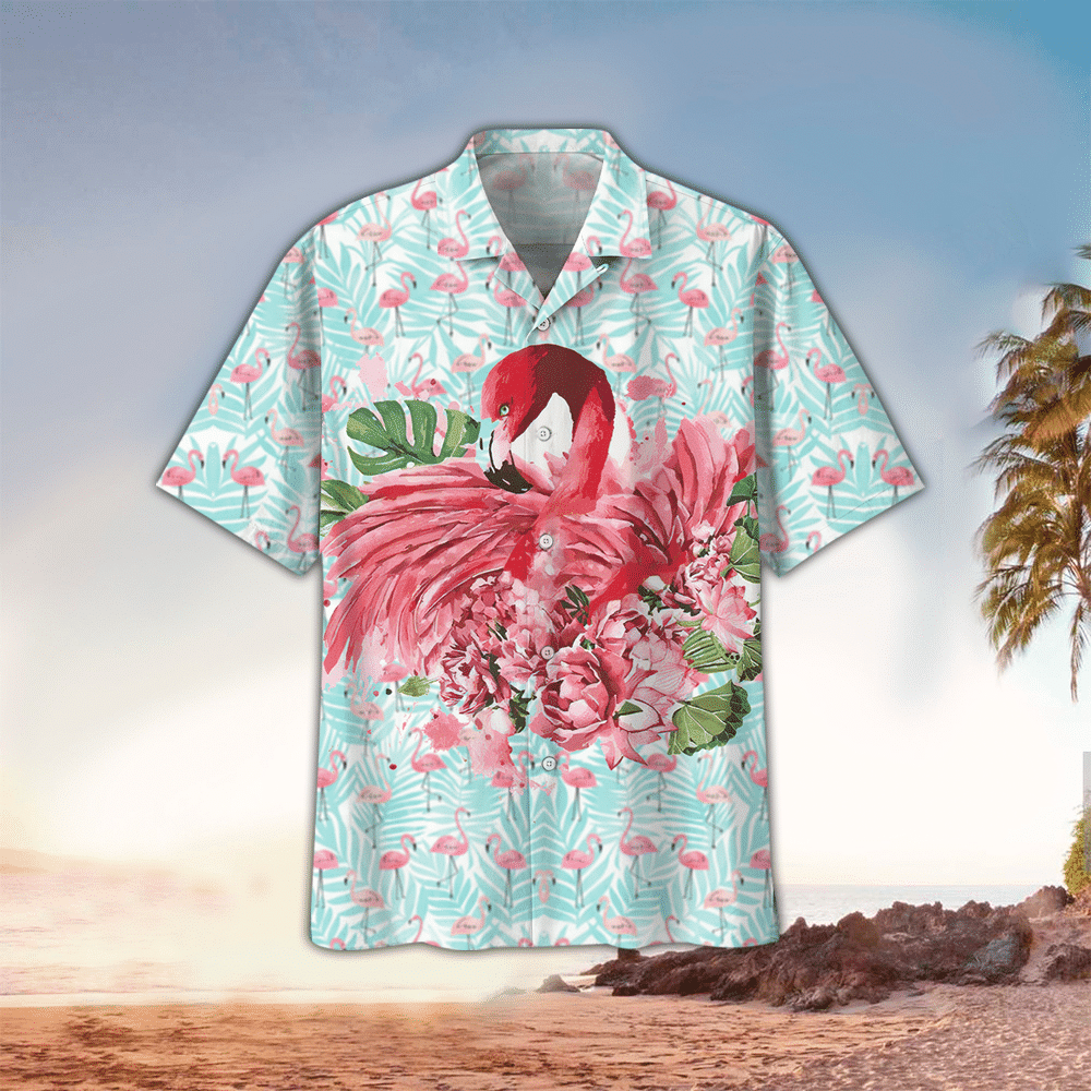 Flamingo Apparel Flamingo Button Up Shirt Summer Aloha Shirt, Short Sleeve Hawaiian Shirt