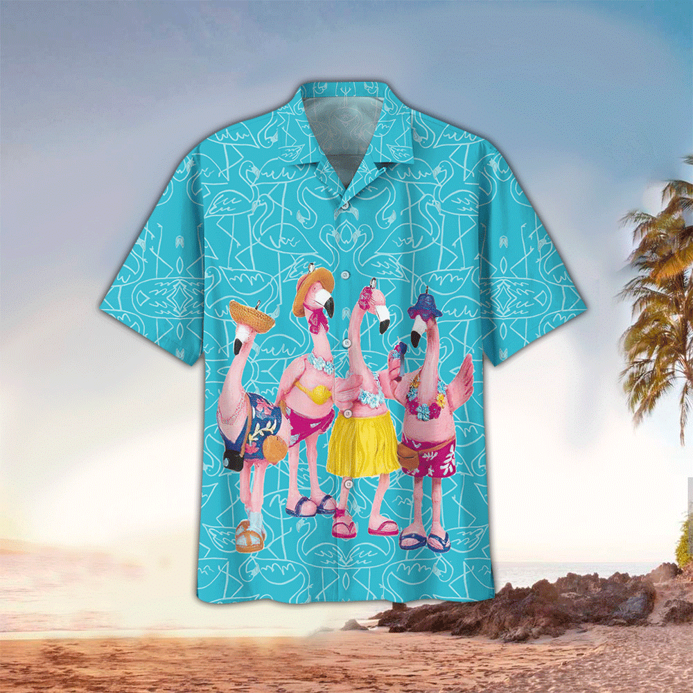 Flamingo Apparel Flamingo Button Up Shirt Summer Aloha Shirt, Short Sleeve Hawaiian Shirt