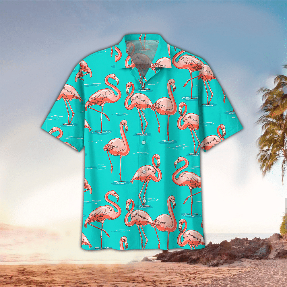 Flamingo Apparel Flamingo Button Up Shirt Summer Aloha Shirt, Short Sleeve Hawaiian Shirt