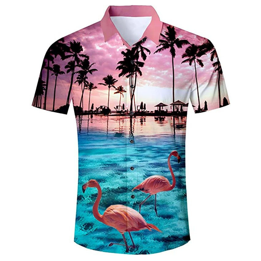 Flamingo Apparel Flamingo Hawaiian Button Up Shirt Summer Aloha Shirt