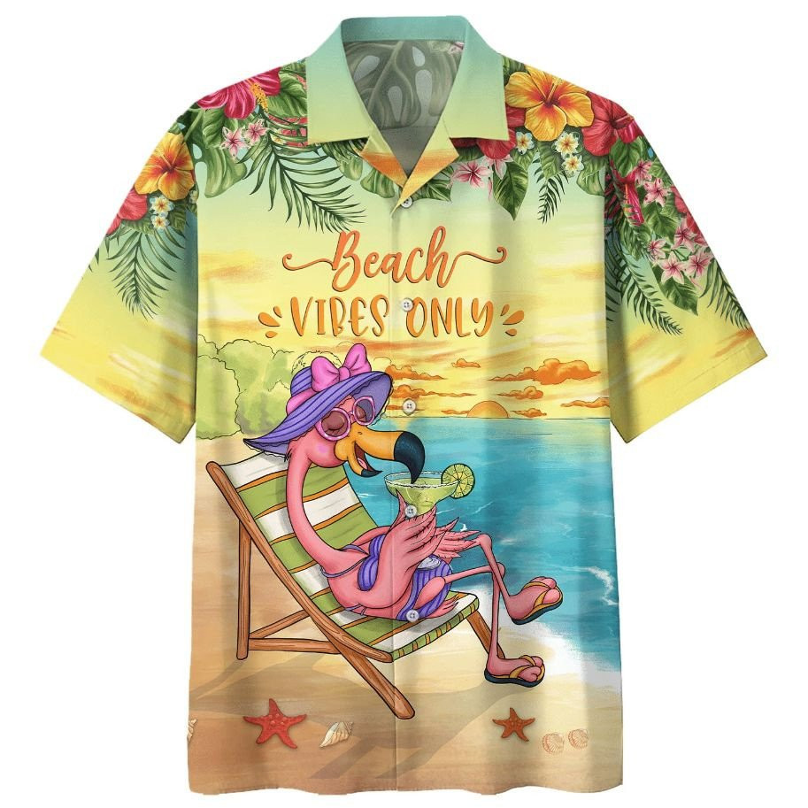 Flamingo Beach Vibes Only Print Hawaiian Shirt Summer Aloha Shirt, Short Sleeve Hawaiian Shirt