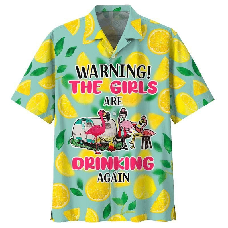 Flamingo Camping Warning The Girls Are Drinking Again Print Hawaiian Shirt Summer Aloha Shirt, Short Sleeve Hawaiian Shirt