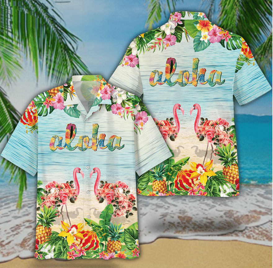 Flamingo Couple Floral Aloha Hawaiian Shirt Summer Aloha Shirt, Short Sleeve Hawaiian Shirt