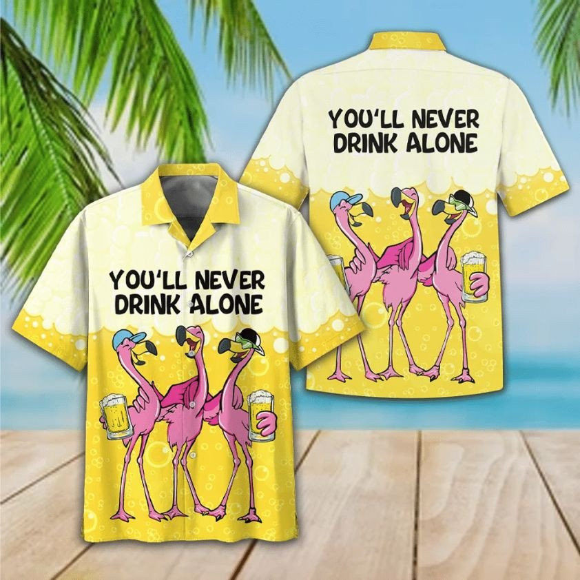 Flamingo Drink Beer Youll Never Drink Alone Print Hawaiian Shirt Summer Aloha Shirt, Short Sleeve Hawaiian Shirt