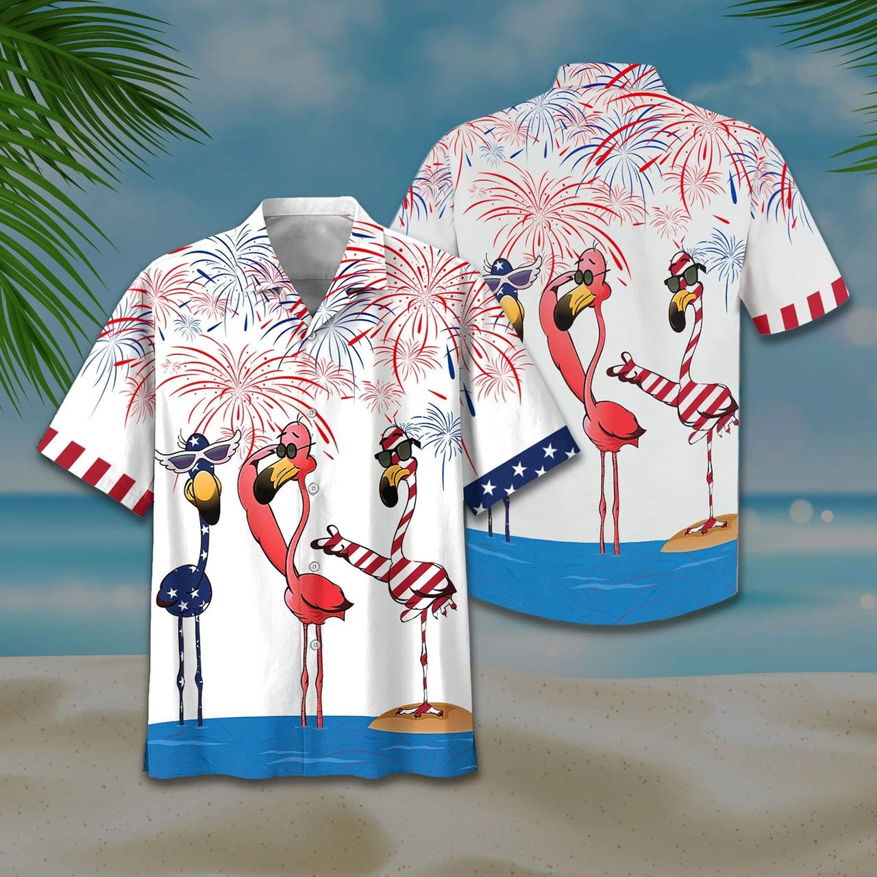 Flamingo Hawaiian Shirt Tropical American Flag Firework Hawaiian Shirt For Men Women