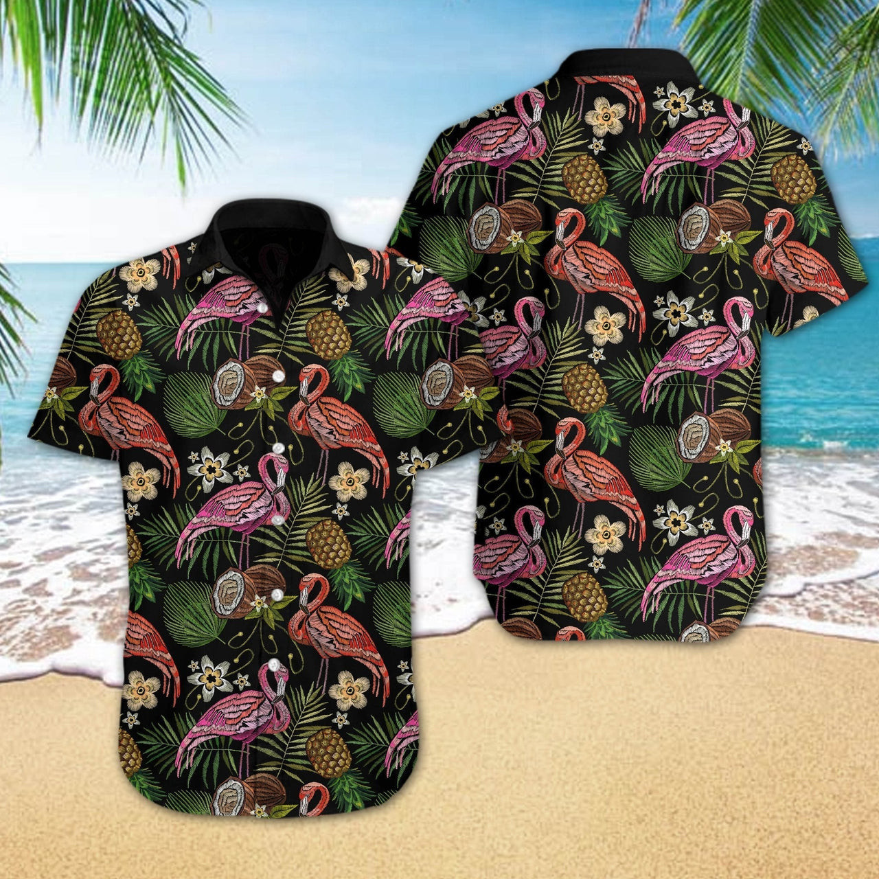 Flamingo Hawaiian Shirt Tropical Embroidery Hawaiian Shirt For Men Women