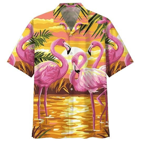 Flamingo In Sunset Print Hawaiian Shirt Summer Aloha Shirt