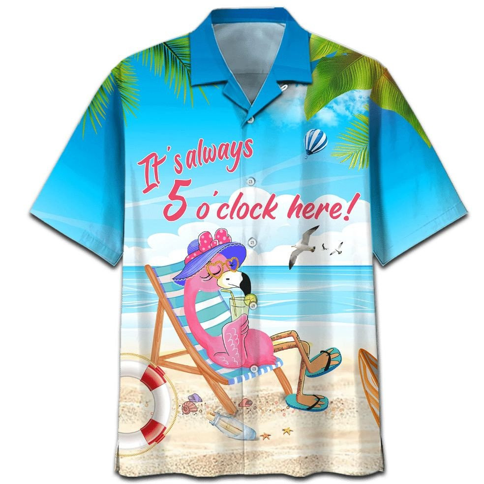 Flamingo It_s Always 5 O_clock Here Print Hawaiian Shirt Summer Aloha Shirt