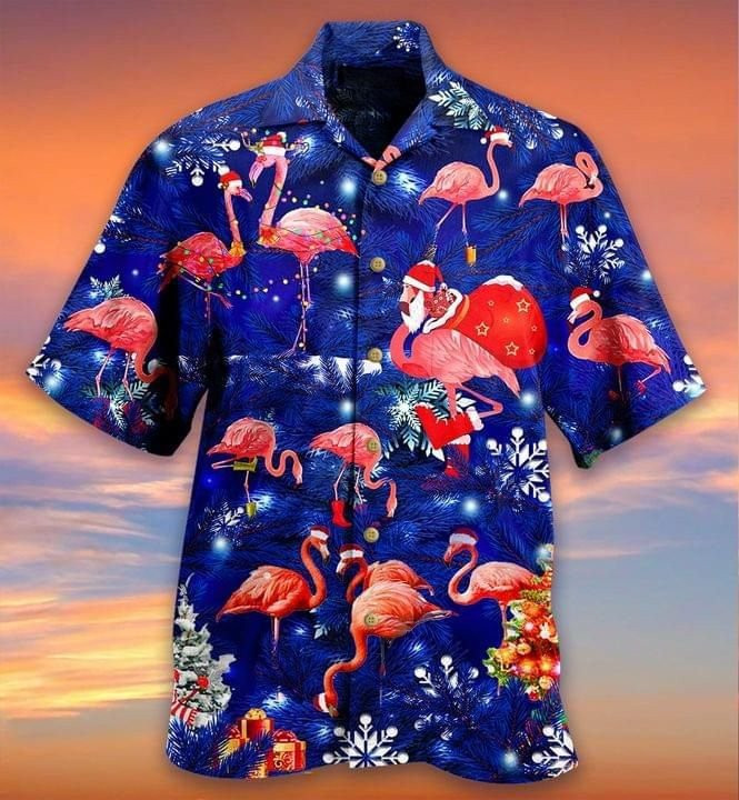 Flamingo Merry Christmas Print Hawaiian Shirt Summer Aloha Shirt, Short Sleeve Hawaiian Shirt