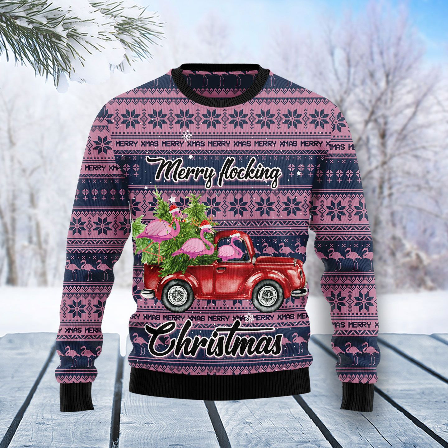 Flamingo Merry Flocking Christmas Ugly Christmas Sweater Ugly Sweater For Men Women