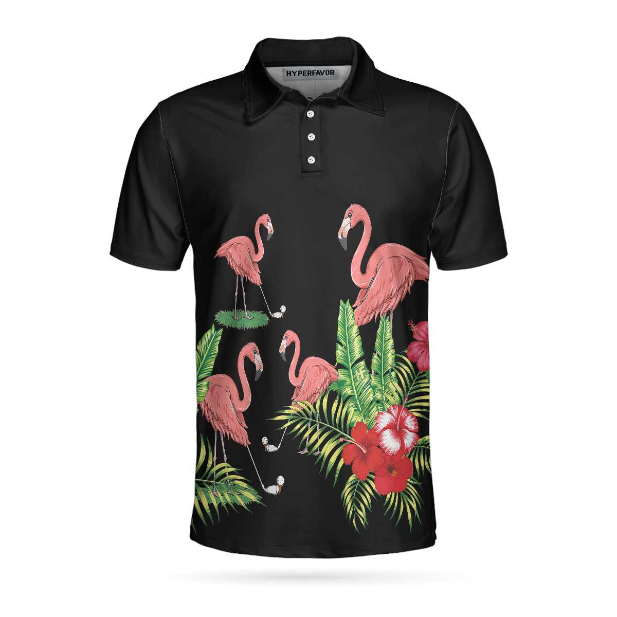 Flamingo Playing Golf And Tropical Pattern Polo Shirt Pink Flamingo Short Sleeve Polo Shirt For Golfers