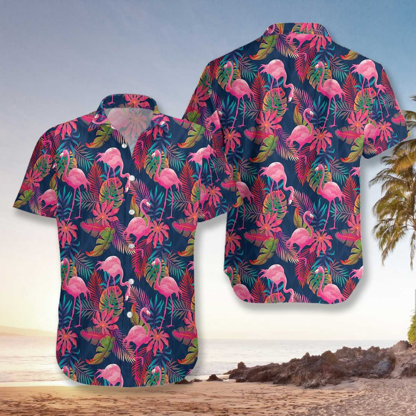 Flamingo With Palm Leaves Hawaiian Shirt Summer Aloha Shirt