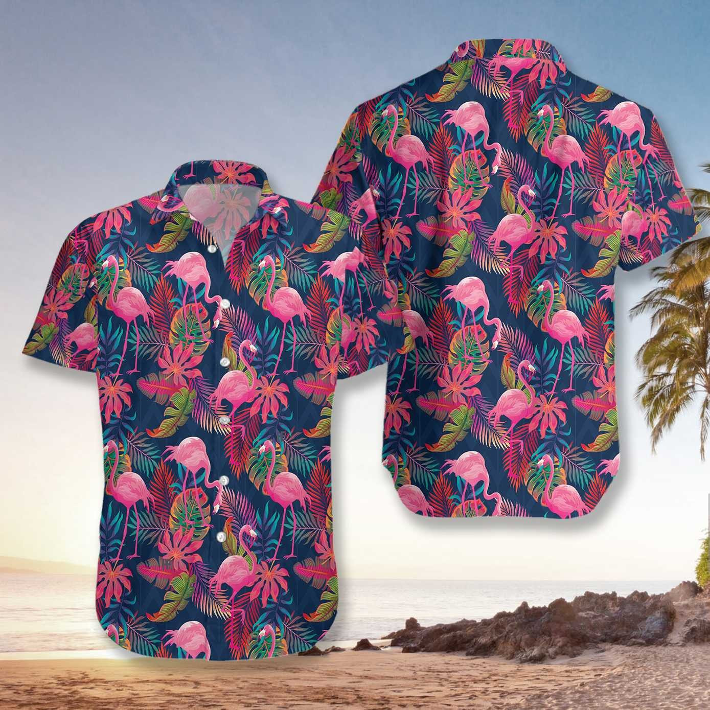 Flamingo With Palm Leaves Hawaiian Shirt Summer Aloha Shirt, Short Sleeve Hawaiian Shirt